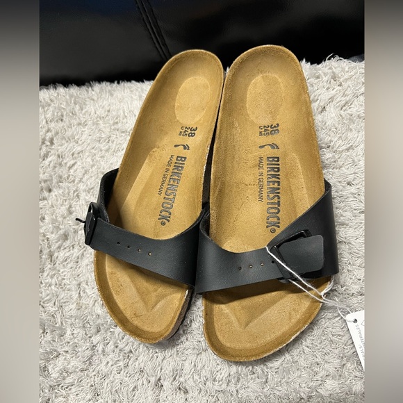 Birkenstock Madrid Birko-Flor Black Leather Slide Sandals Women's 38 / US 7 Shoe - Picture 6 of 10